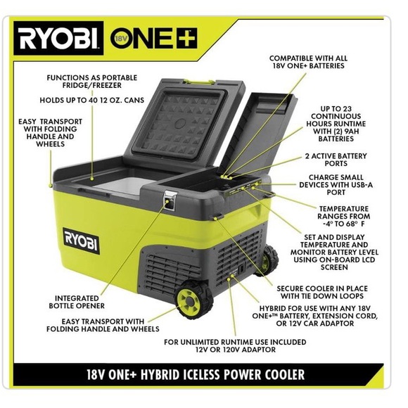Hybrid Battery Powered Iceless Cooler
RYOBIONE+ 18V 24 Qt.Hybrid Battery Powered - Picture 3 of 15